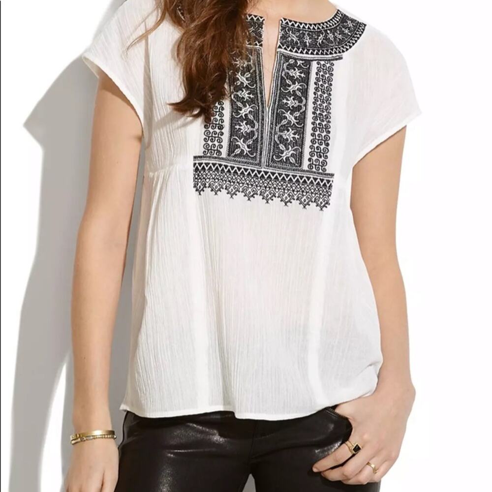 Madewell Kasbah Top Peasant V-Neck Short Sleeve White/Black Top
